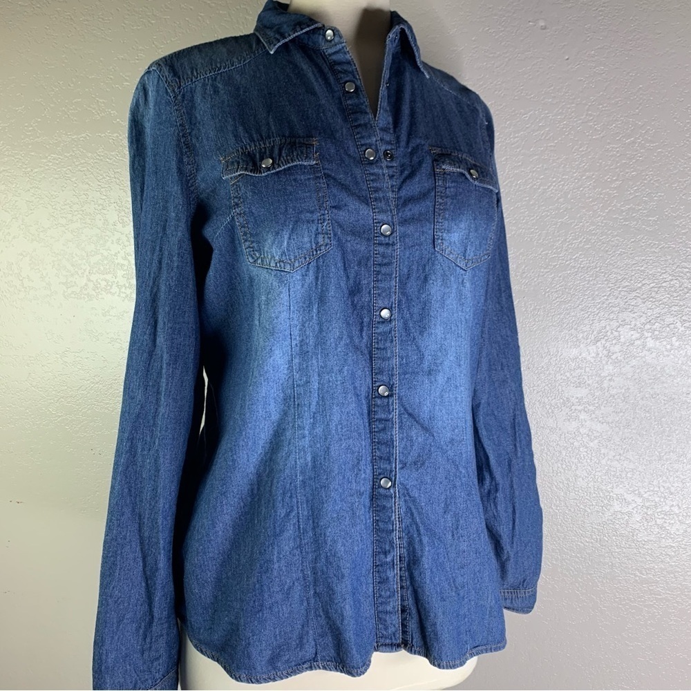 Cavalini Factory Faded Pearl Snaps Roll Tab Long Sleeved Denim Shirt Size Medium